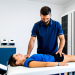 A professional male physiotherapist, fully clothed in a modest uniform, assists a female patient, fully clothed in comfortable, appropriate athletic attire, in a bright, modern rehabilitation clinic in Lisbon, Portugal. The patient is wearing a sleek activity monitor on her wrist, while the therapist reviews her real-time progress data on a large, sleek tablet, displaying complex graphs and AI-driven insights. The scene emphasizes collaboration and technological integration in recovery. Soft, natural light illuminates the space. safe for work, appropriate content, fully clothed, professional, perfect anatomy, correct proportions, natural pose, well-formed hands, proper finger count, natural body proportions, high quality, professional photography.