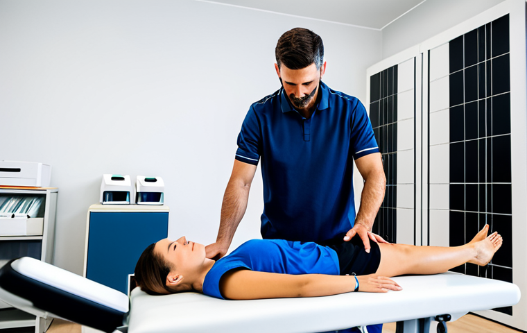 A professional male physiotherapist, fully clothed in a modest uniform, assists a female patient, fully clothed in comfortable, appropriate athletic attire, in a bright, modern rehabilitation clinic in Lisbon, Portugal. The patient is wearing a sleek activity monitor on her wrist, while the therapist reviews her real-time progress data on a large, sleek tablet, displaying complex graphs and AI-driven insights. The scene emphasizes collaboration and technological integration in recovery. Soft, natural light illuminates the space. safe for work, appropriate content, fully clothed, professional, perfect anatomy, correct proportions, natural pose, well-formed hands, proper finger count, natural body proportions, high quality, professional photography.