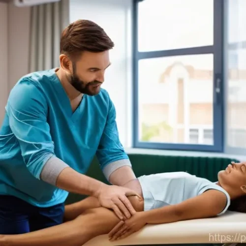 근골격계 재활치료 시간 - **Prompt:** A compassionate female physiotherapist, in her early 30s, with a warm smile, is gently a...