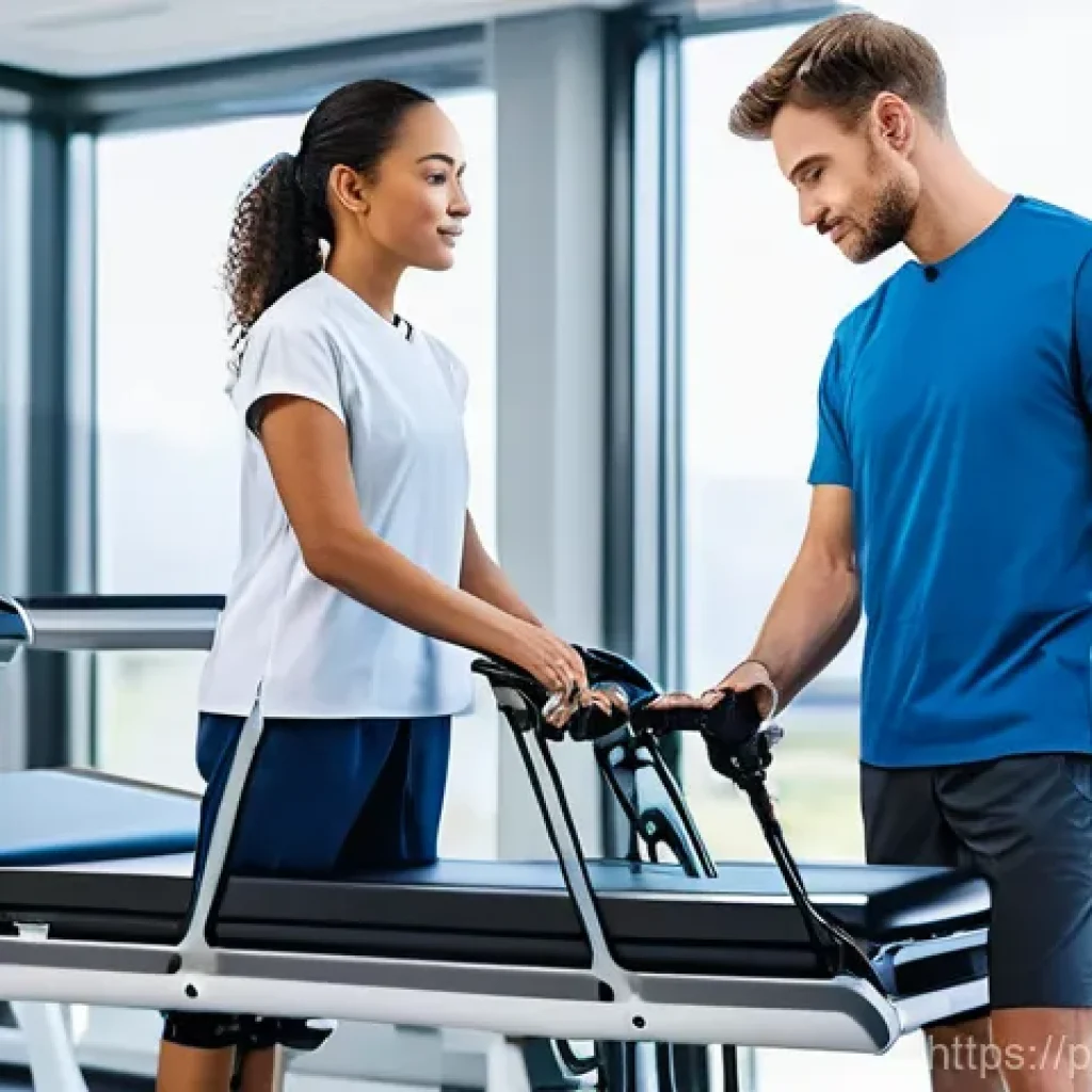 근골격계 재활 성공 사례 - **Robotic-Assisted Mobility Training in a Modern Clinic**
    A young adult, approximately 18-25 yea...