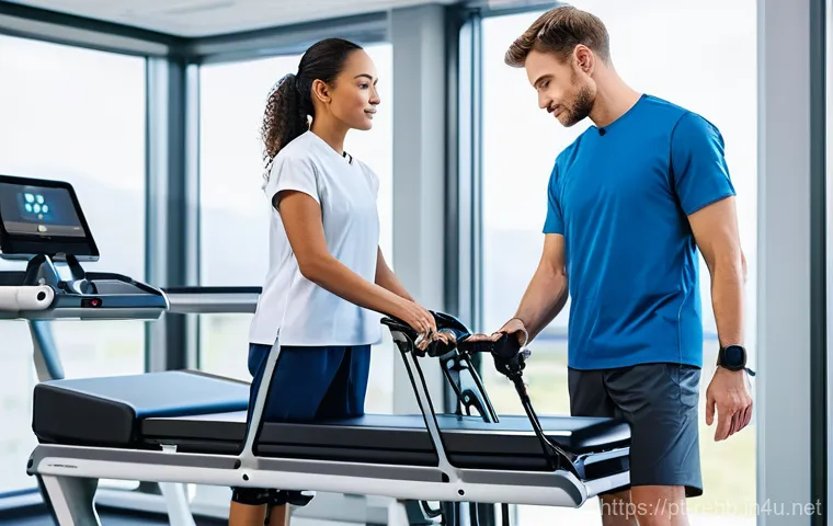 근골격계 재활 성공 사례 - **Robotic-Assisted Mobility Training in a Modern Clinic**
    A young adult, approximately 18-25 yea...