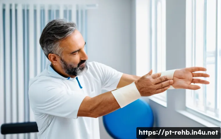 팔 골절 재활 운동 - A middle-aged Portuguese-speaking man performing gentle passive range of motion exercises on his fra...