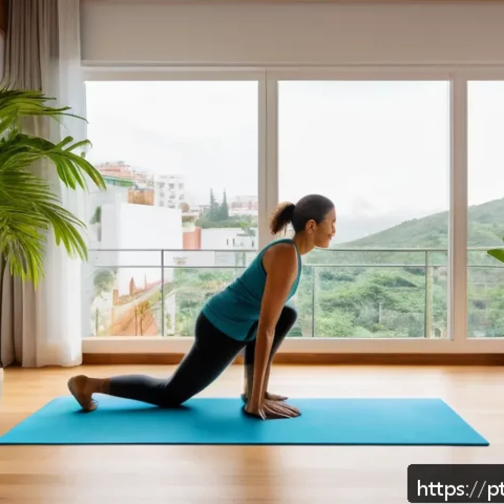 재활치료 장기 관리법 - A serene morning scene in a modern Brazilian apartment featuring a middle-aged person performing gen...
