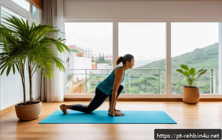 재활치료 장기 관리법 - A serene morning scene in a modern Brazilian apartment featuring a middle-aged person performing gen...