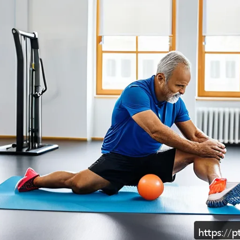 재활운동과 스트레칭 차이 - A middle-aged Brazilian man performing guided knee rehabilitation exercises in a bright, modern phys...