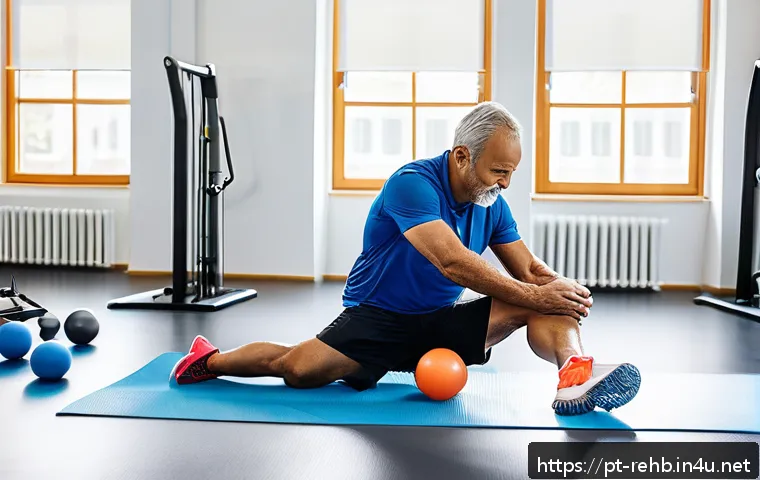재활운동과 스트레칭 차이 - A middle-aged Brazilian man performing guided knee rehabilitation exercises in a bright, modern phys...