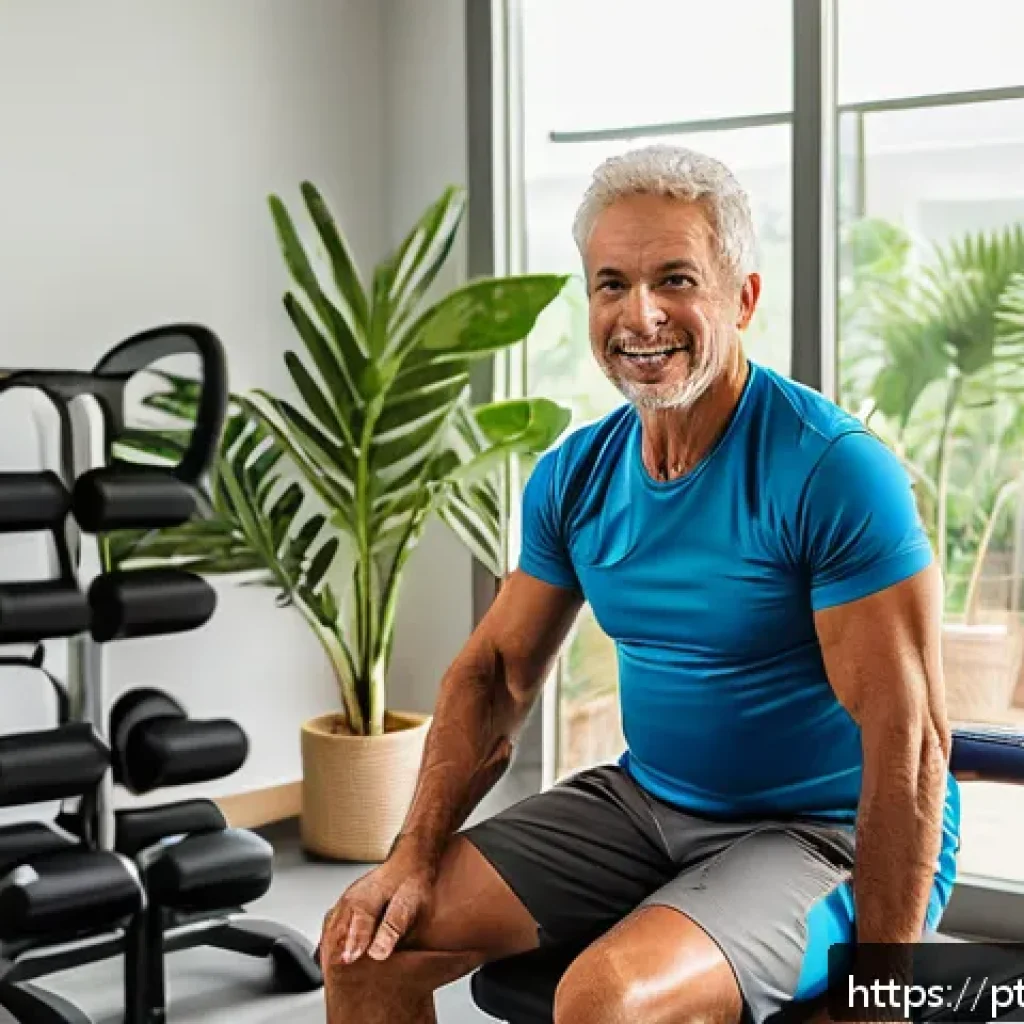 재활운동 루틴 추천 - A middle-aged person performing seated isometric thigh muscle contractions in a bright, modern rehab...
