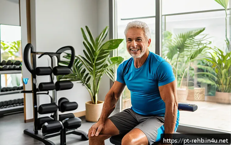 재활운동 루틴 추천 - A middle-aged person performing seated isometric thigh muscle contractions in a bright, modern rehab...