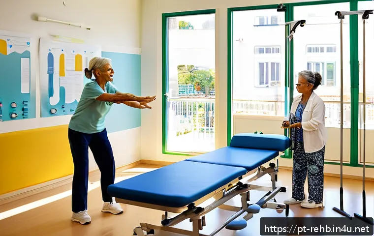 뇌졸중 재활 의료보험 적용 - A bright, modern Brazilian rehabilitation clinic room with a multidisciplinary therapy session in pr...