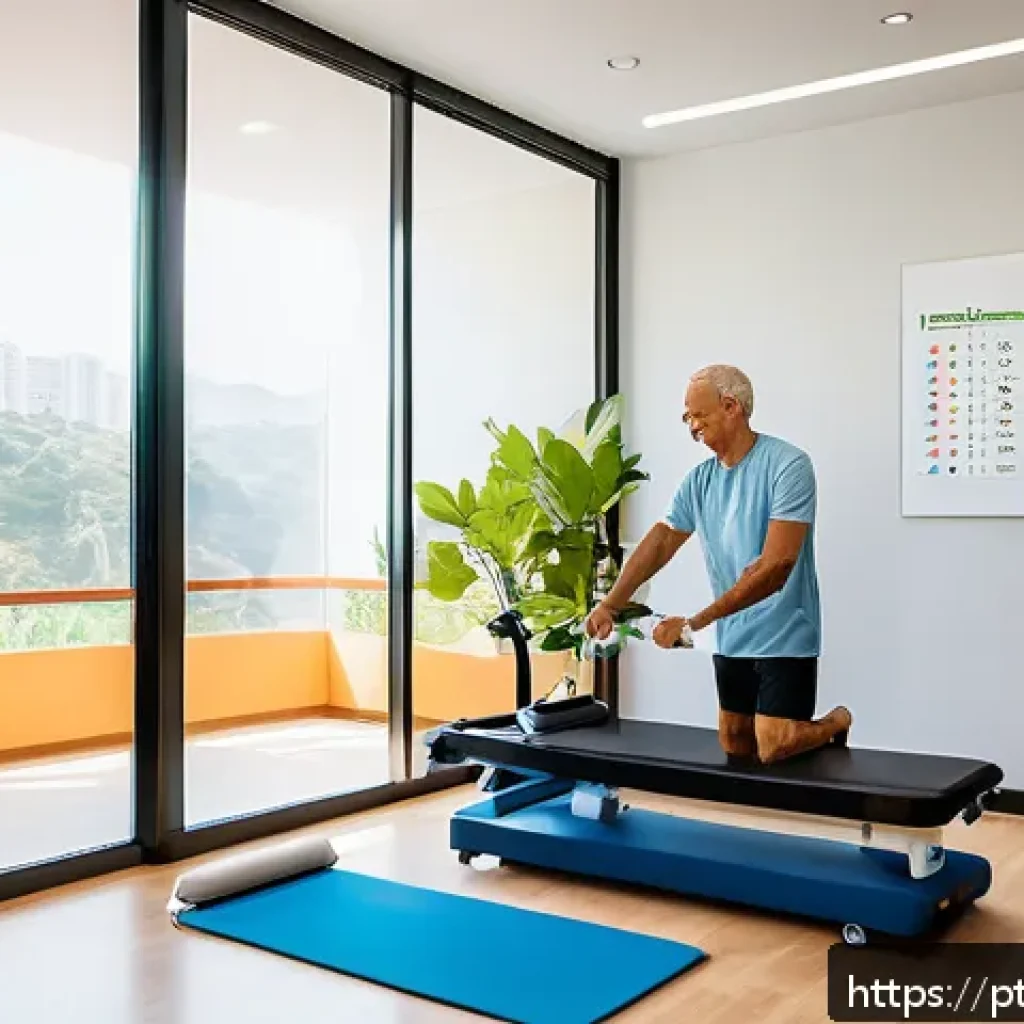 재활운동 부작용 예방법 - A serene physical therapy room in a modern Brazilian clinic, featuring a middle-aged man wearing com...