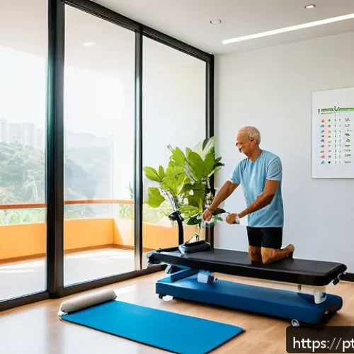 Home 32 재활운동 부작용 예방법 - A serene physical therapy room in a modern Brazilian clinic, featuring a middle-aged man wearing com...