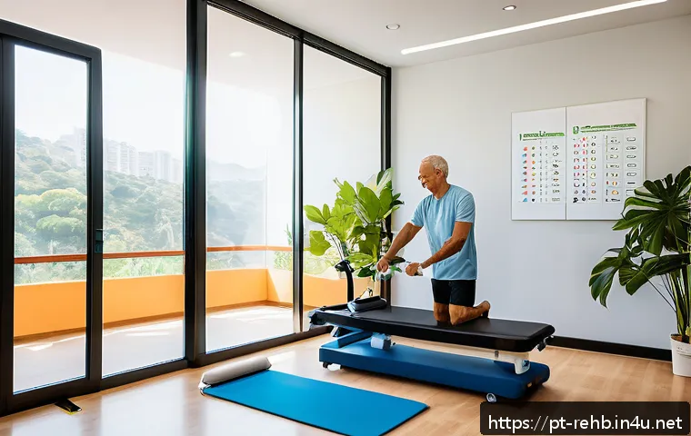 재활운동 부작용 예방법 - A serene physical therapy room in a modern Brazilian clinic, featuring a middle-aged man wearing com...