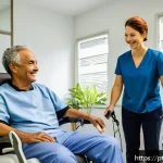 Home 18 뇌졸중 재활 과정 - A warm and bright rehabilitation room in a modern Brazilian clinic, featuring a middle-aged patient ...