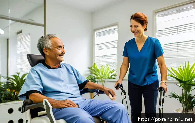 뇌졸중 재활 과정 - A warm and bright rehabilitation room in a modern Brazilian clinic, featuring a middle-aged patient ...