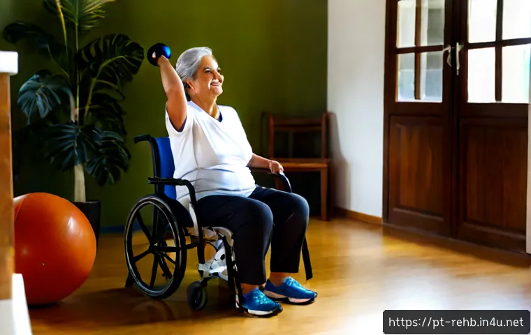 뇌졸중 회복 운동 루틴 - Photorealistic stroke recovery exercise routine at home, an older Brazilian woman seated upright in ...